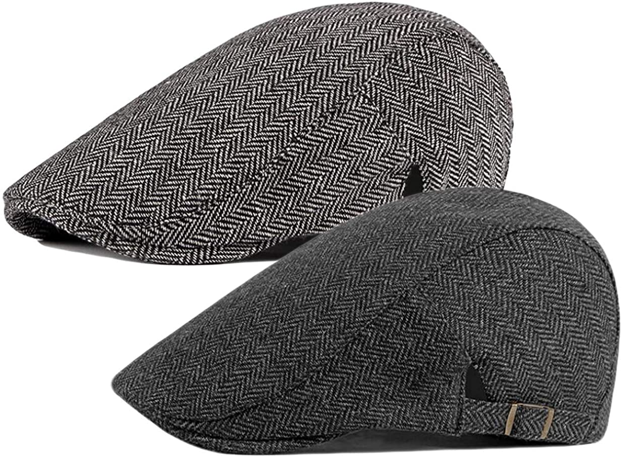 2 Pack Men's Cotton Flat Cap Ivy Gatsby Newsboy Hat (M)