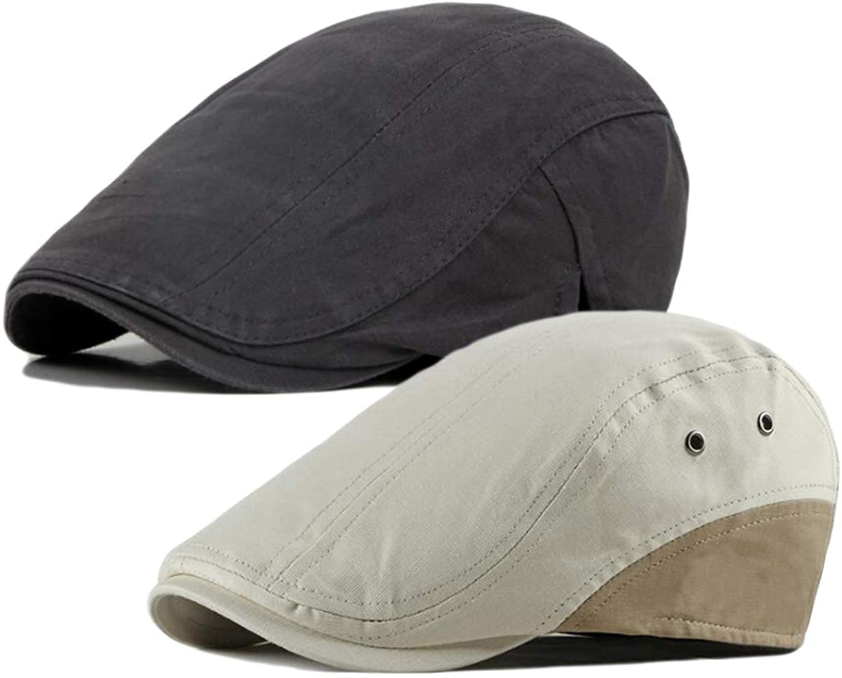 2 Pack Men's Cotton Flat Cap Ivy Gatsby Newsboy Hat (M)