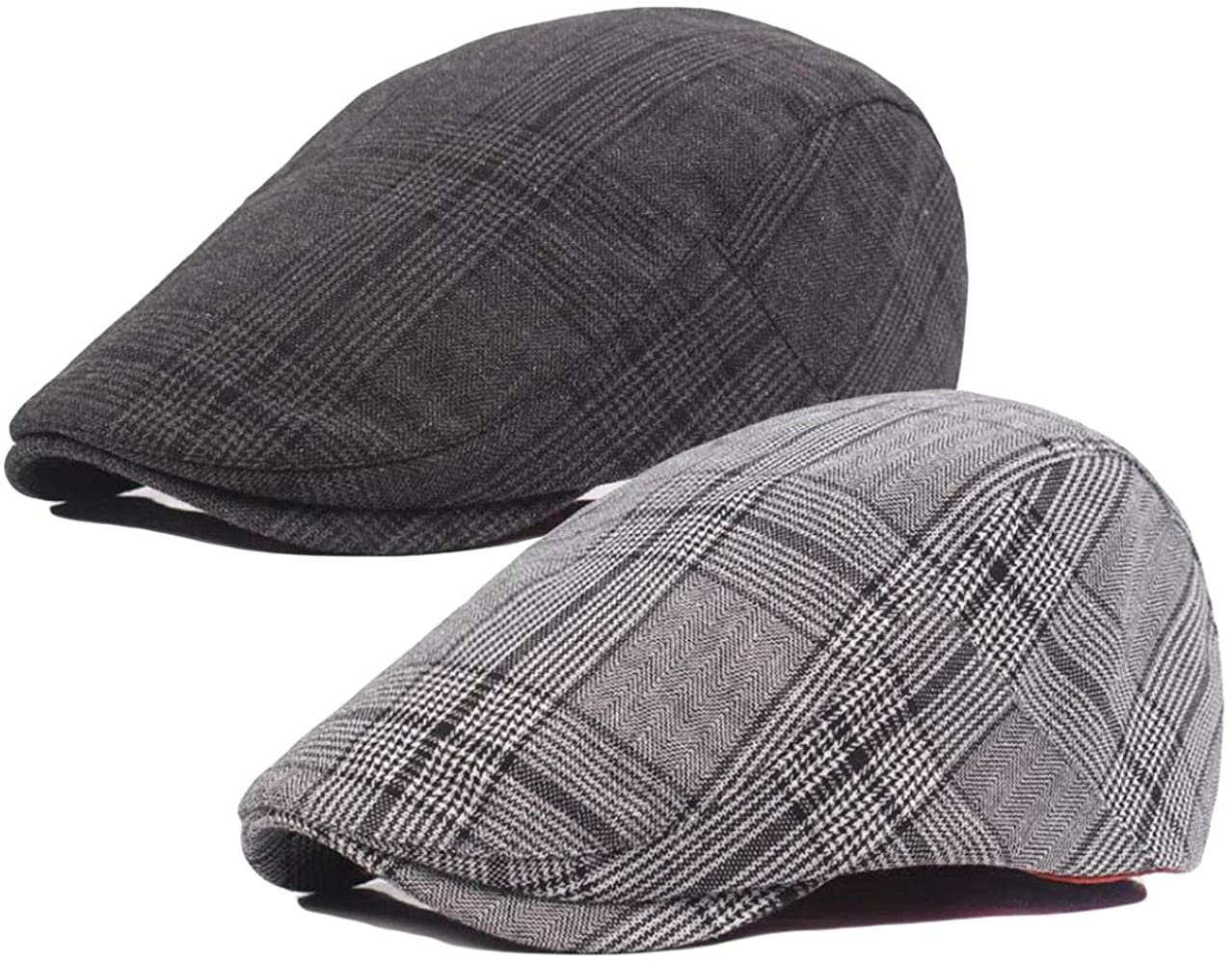 2 Pack Men's Cotton Flat Cap Ivy Gatsby Newsboy Hat (M)