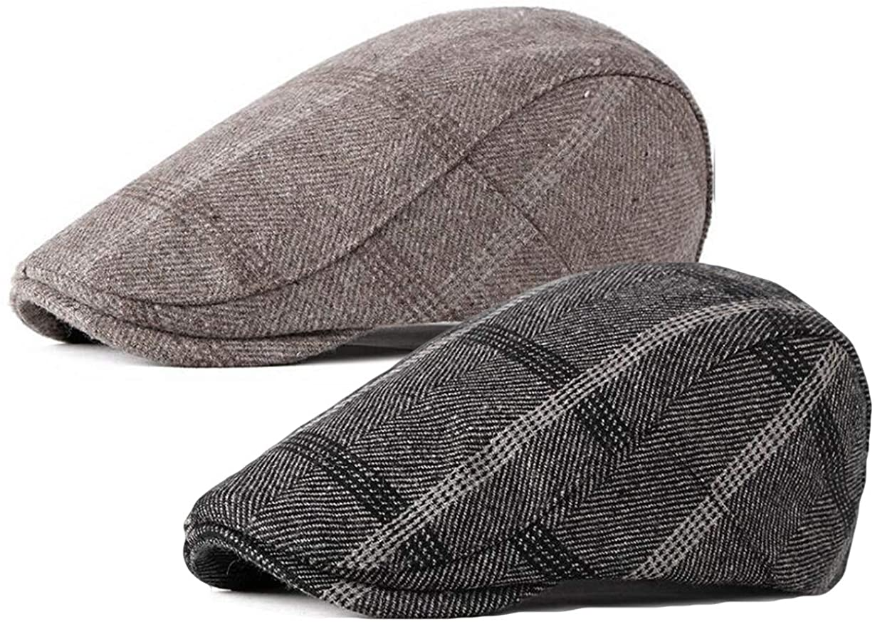 2 Pack Men's Cotton Flat Cap Ivy Gatsby Newsboy Hat (M)