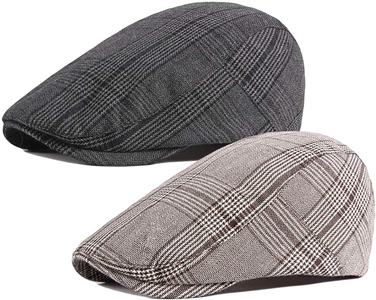 2 Pack Men's Cotton Flat Cap Ivy Gatsby Newsboy Hat (M)