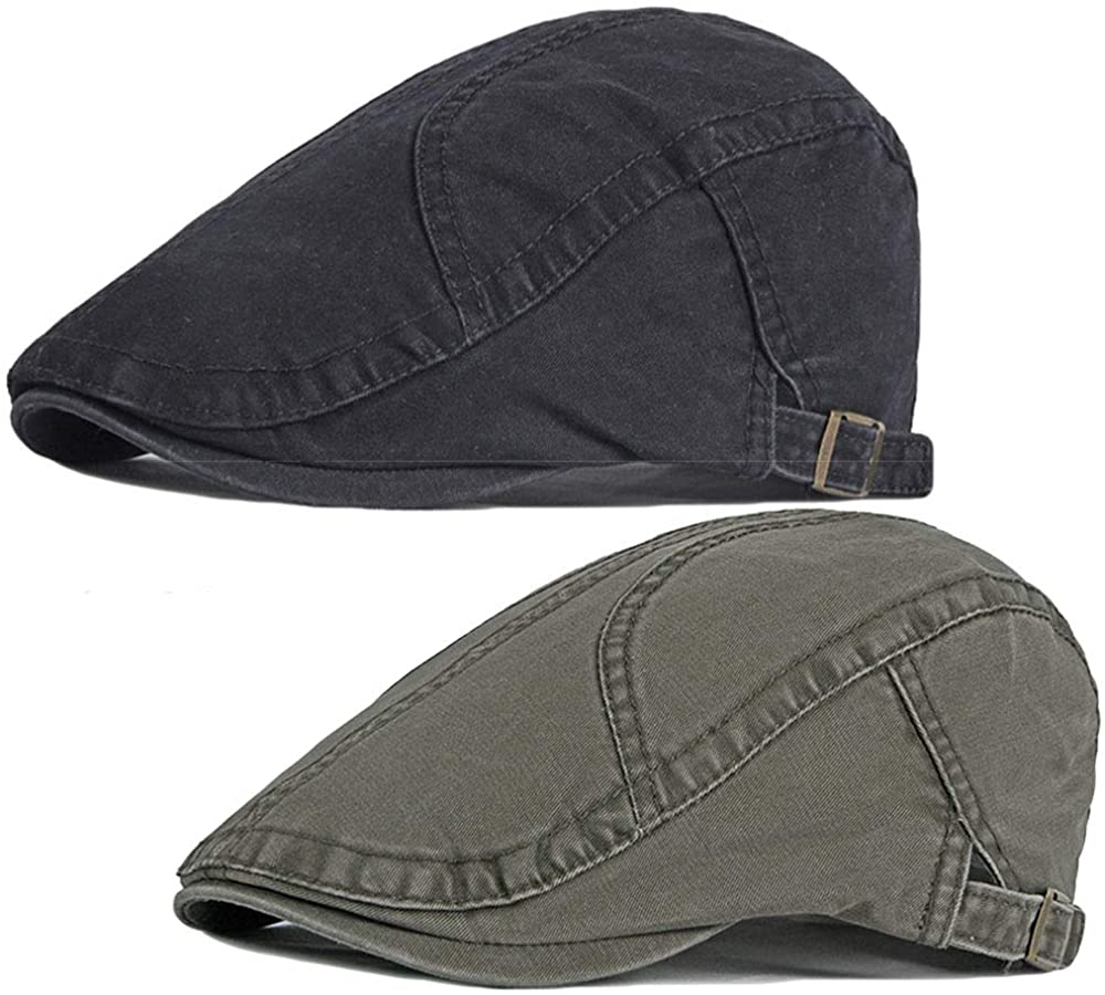 2 Pack Men's Cotton Flat Cap Ivy Gatsby Newsboy Hat (M)