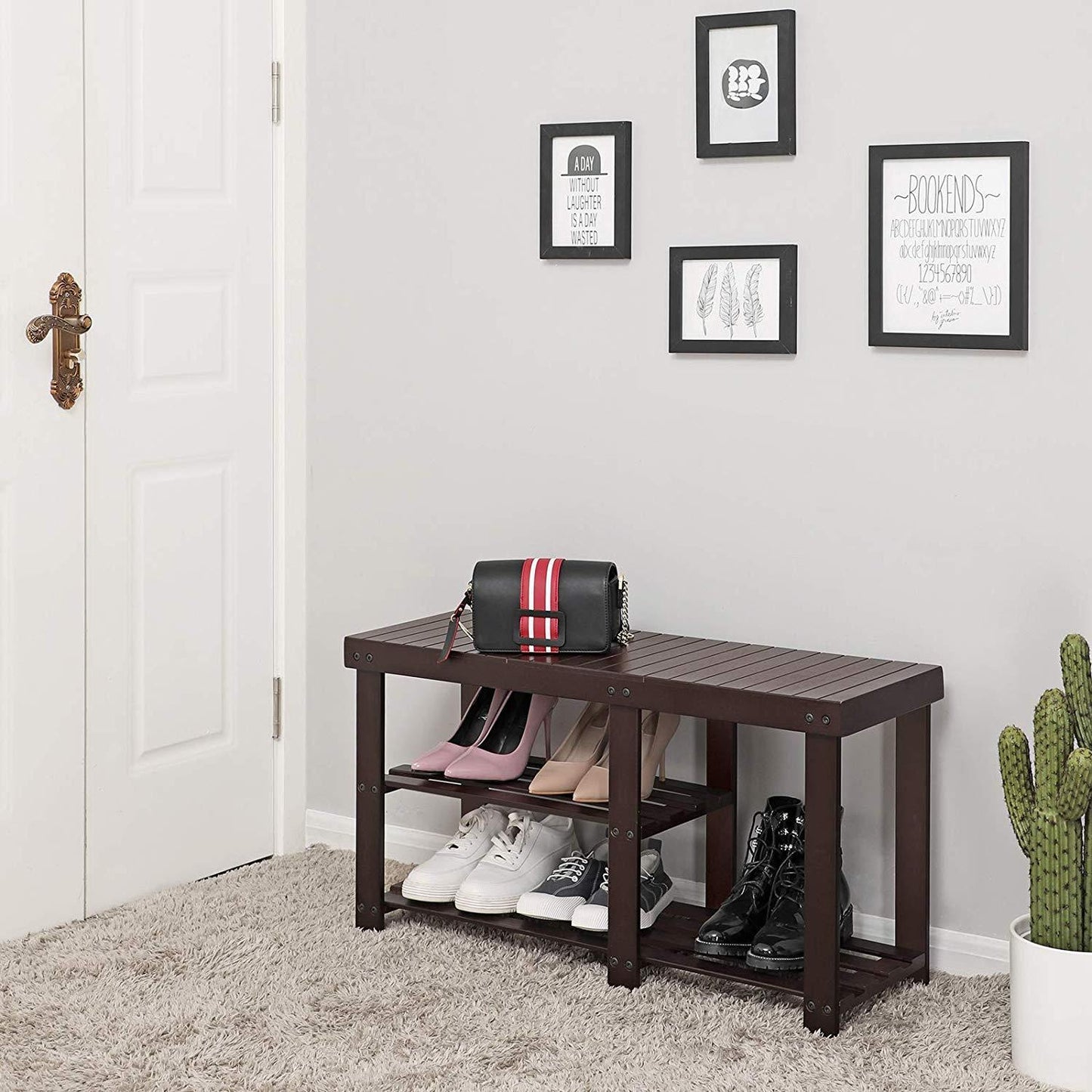 Bamboo Shoe Rack Bench, Coffee Finish