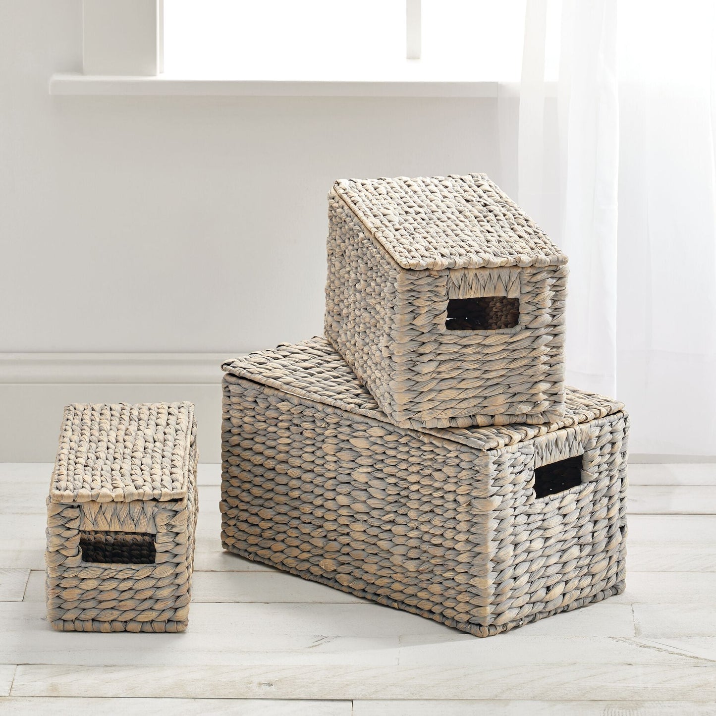 3 Natural Woven Water Hyacinth Organizer Basket Bin w/ Removable Lids