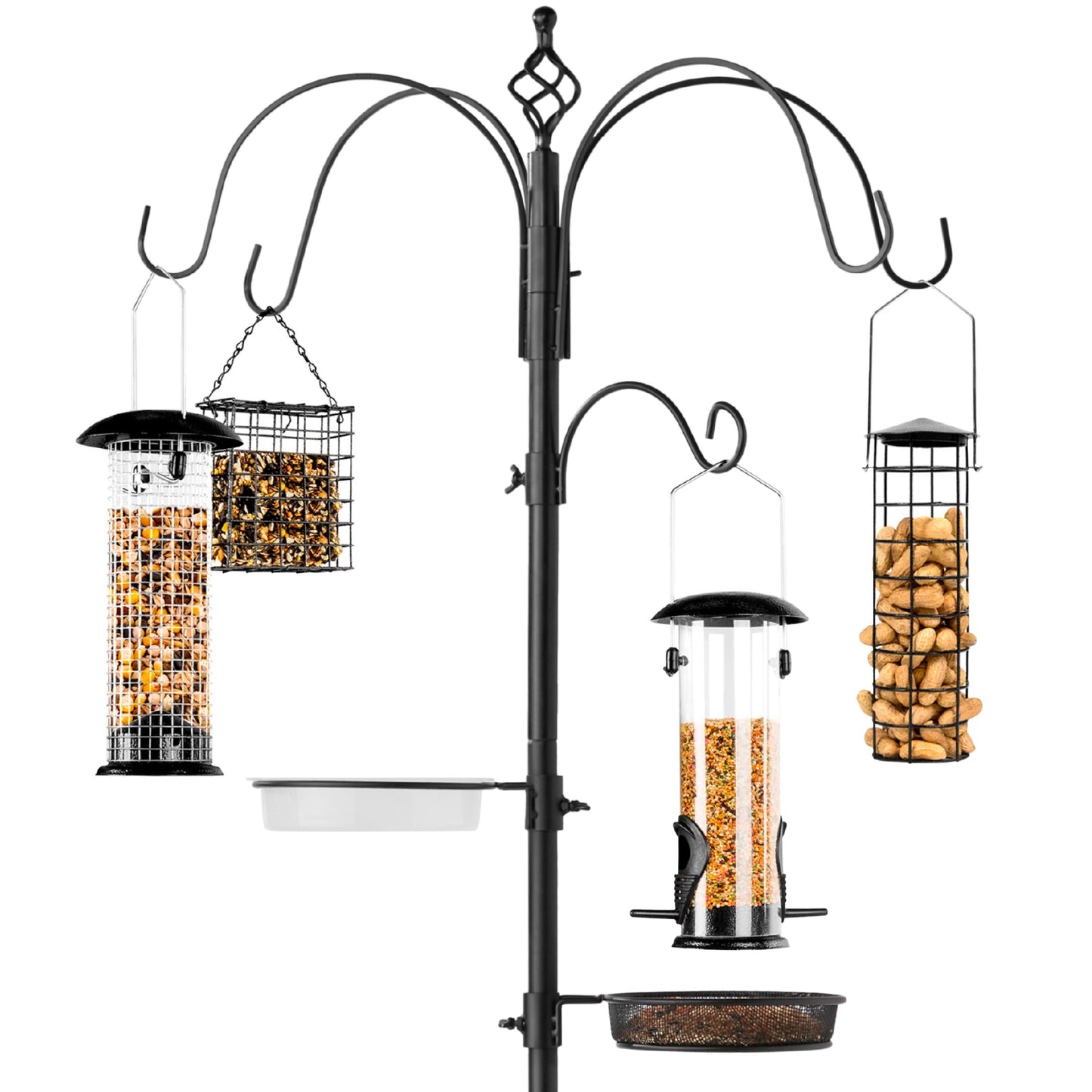 6-Hook Bird Feeding Station, Steel Multi-Feeder Stand w/ 4 Feeders, Tray, Bird Bath