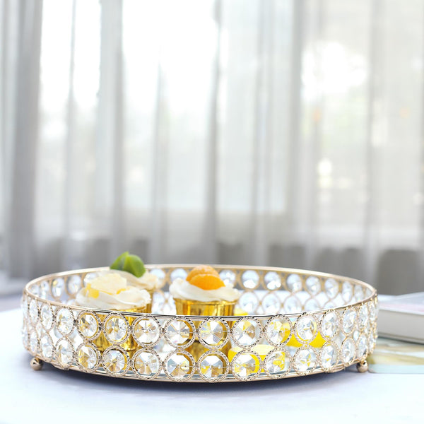 Set of 2 Gold Metal Crystal Beaded Decorative Serving Trays