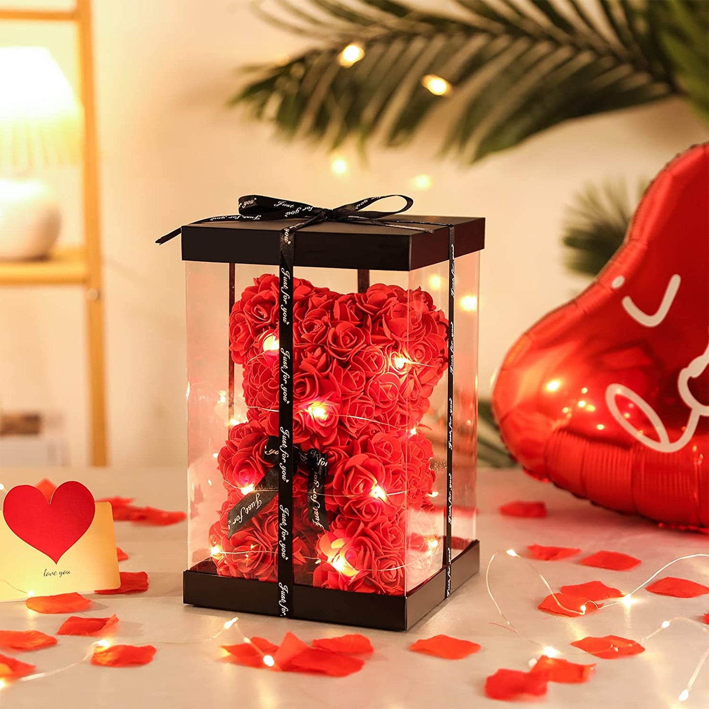 Red Rose Bear Valentines Day Gifts w/ Box Lights Necklace Balloon Card
