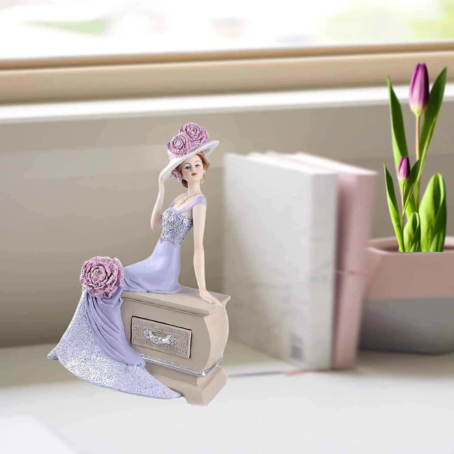 Lady Sitting On Dresser Chair Resin Collectible Figurine,11-inch Height, Pink & Light Purple
