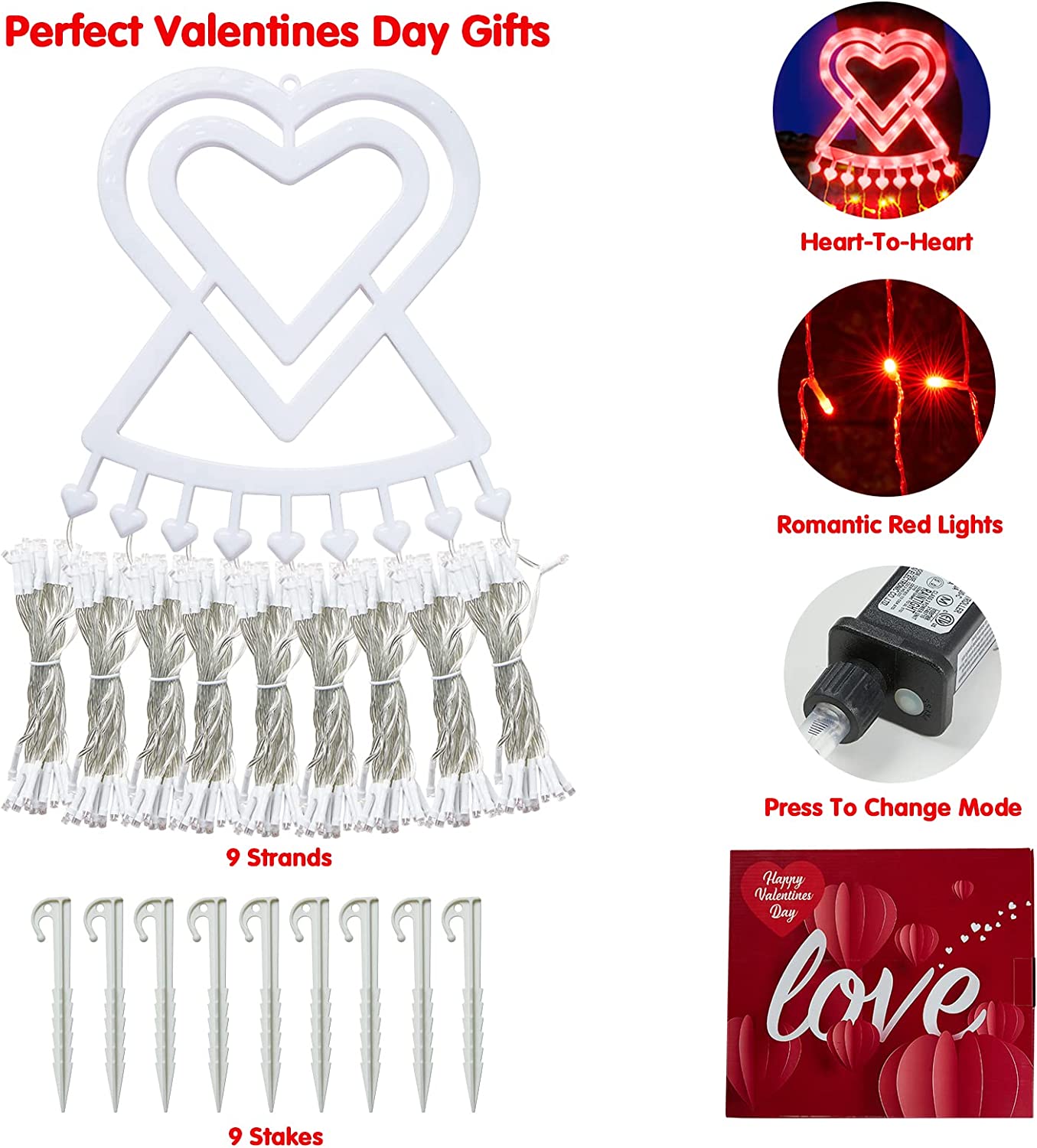 Valentines Day Decoration Curtain Lights 309 LED 8 Modes Plug in