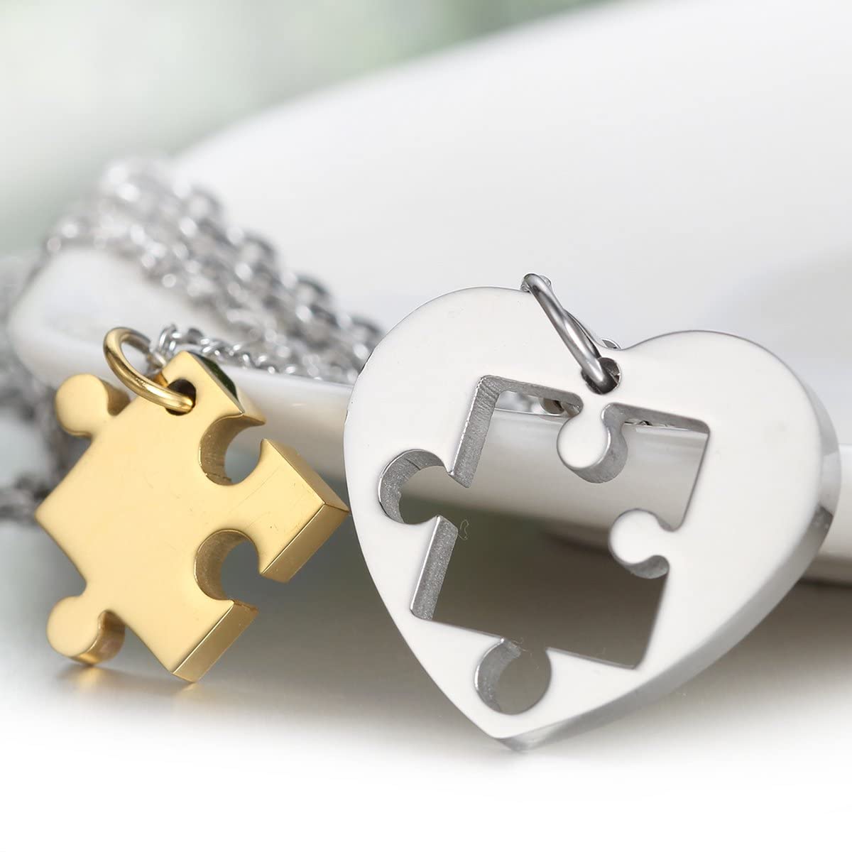 2 Pcs Stainless Steel Love Heart Puzzle Matching Pendant for Couples, Gold