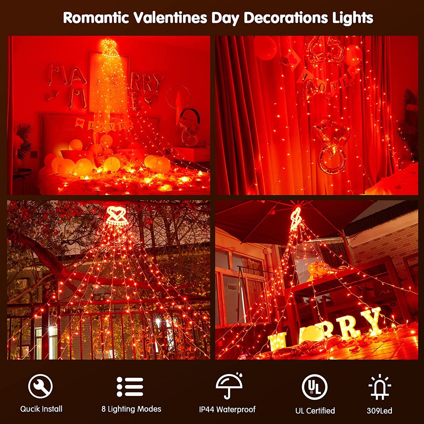 Valentines Day Decoration Curtain Lights 309 LED 8 Modes Plug in