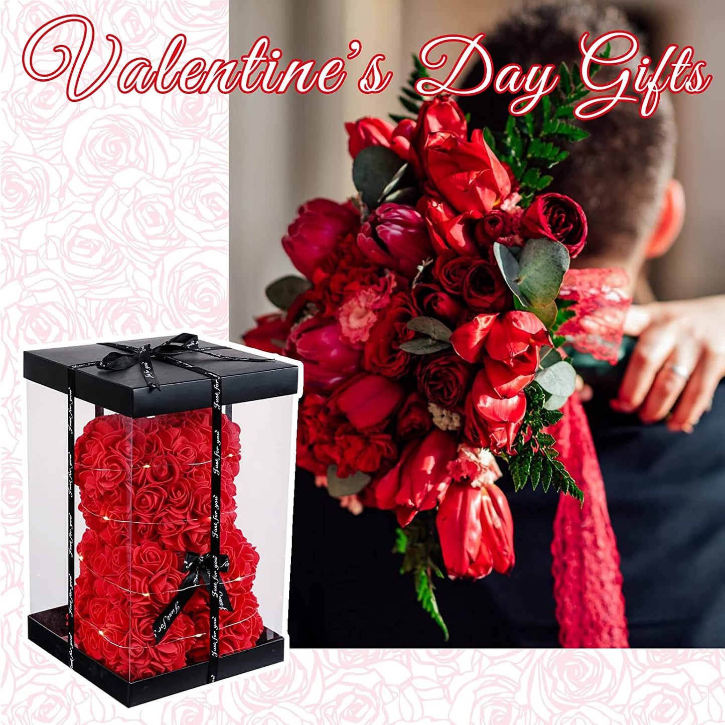 Red Rose Bear Valentines Day Gifts w/ Box Lights Necklace Balloon Card