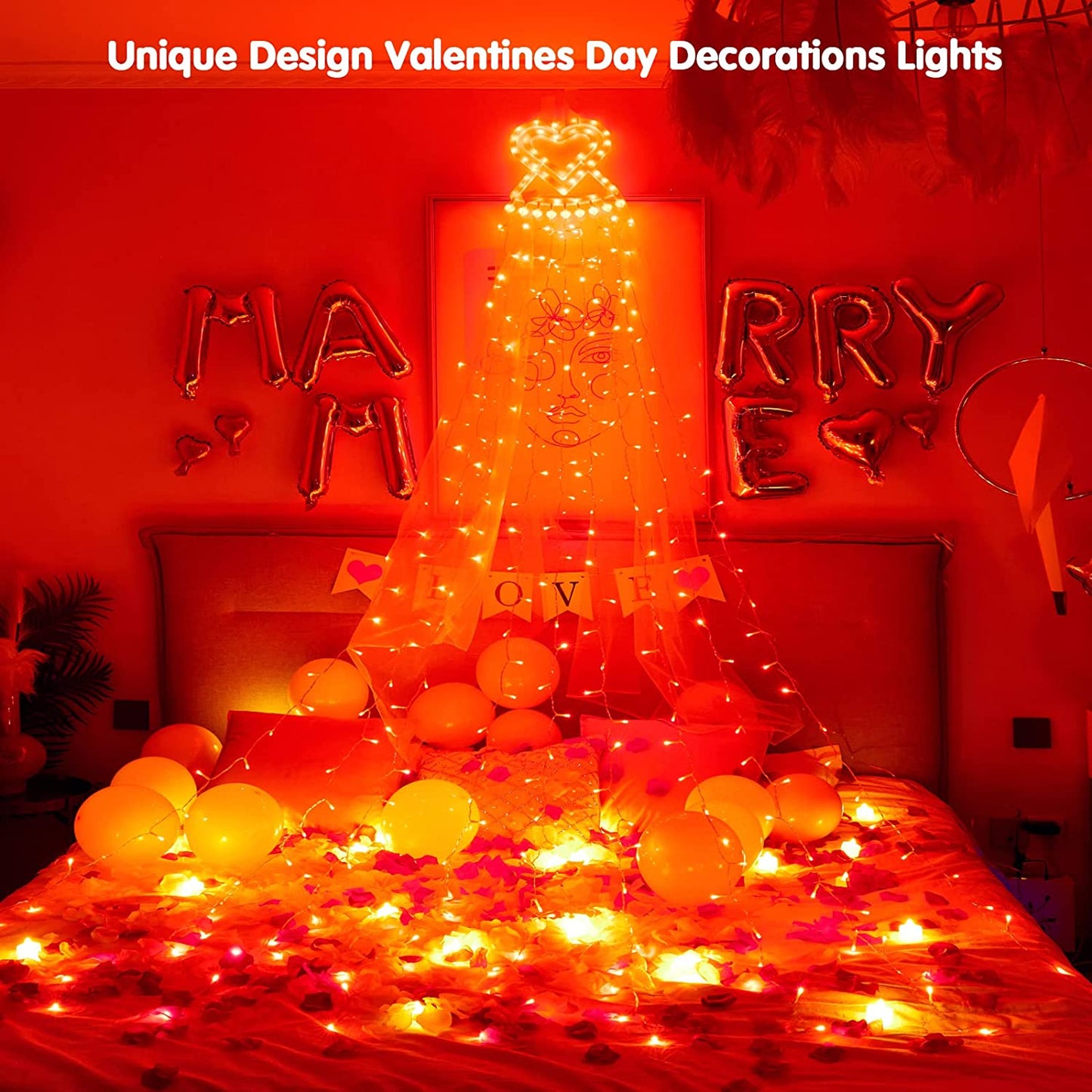 Valentines Day Decoration Curtain Lights 309 LED 8 Modes Plug in