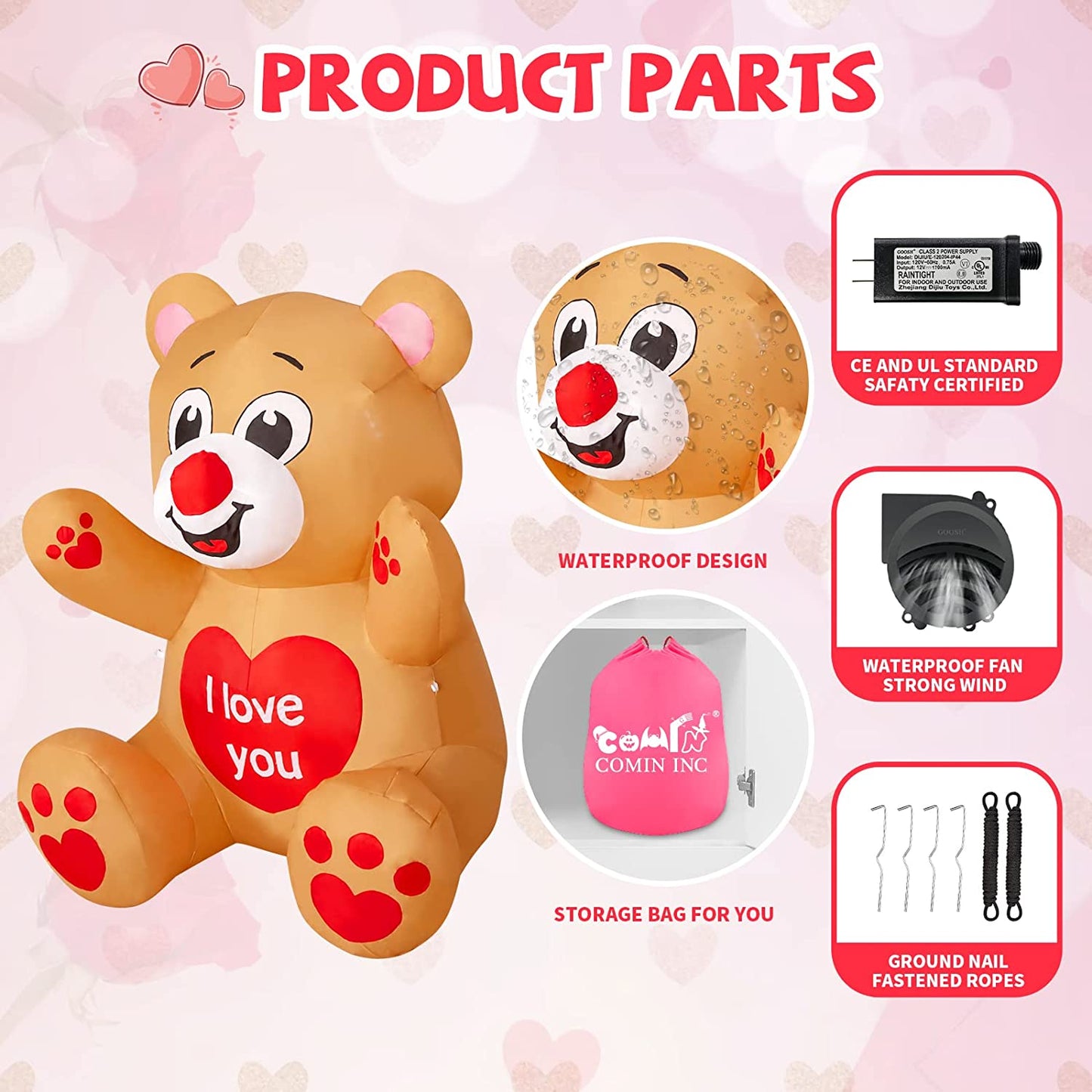 Valentines Day Inflatables Bear 3.4 FT with Love Heart Outdoor Decorations