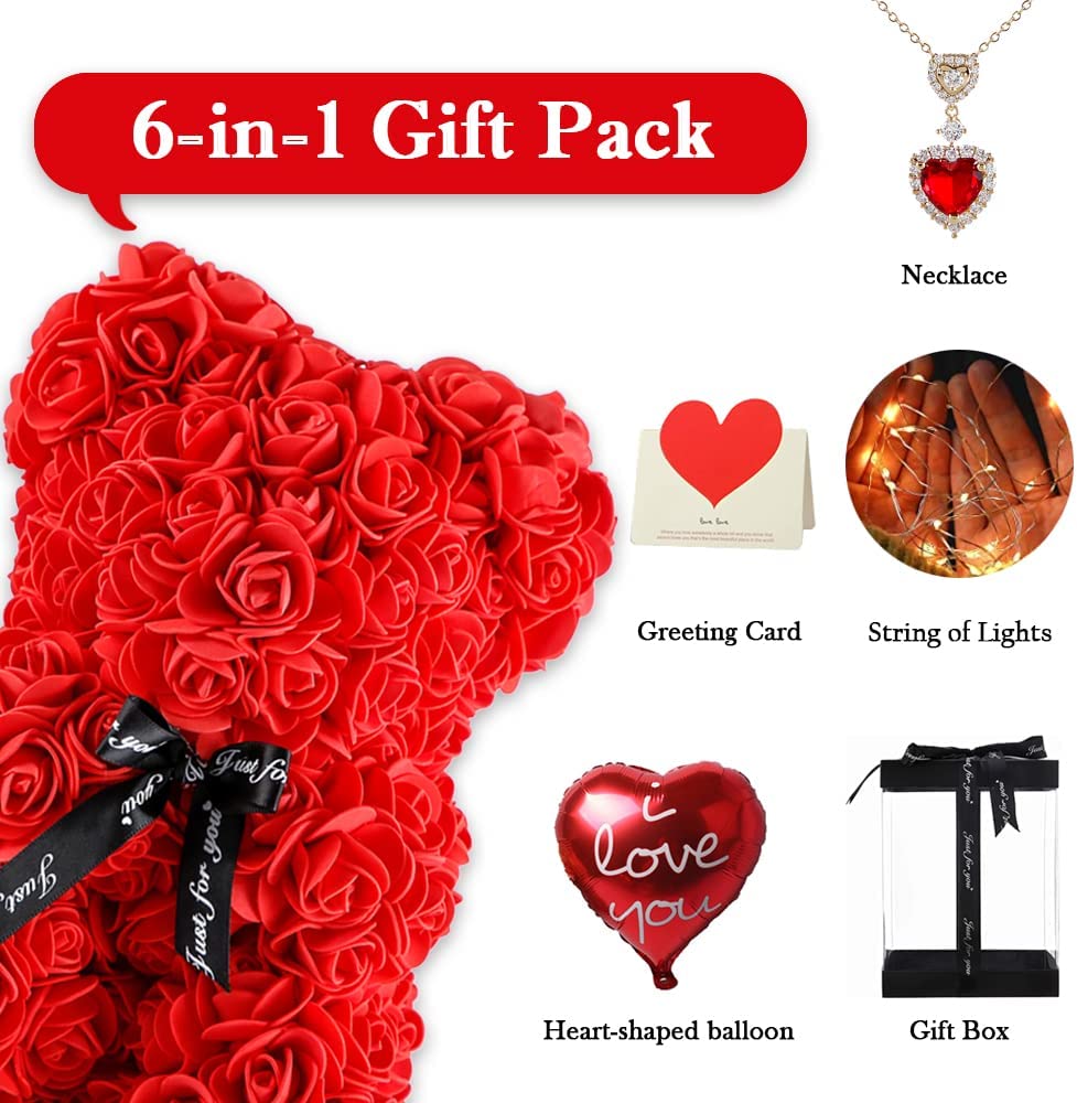 Red Rose Bear Valentines Day Gifts w/ Box Lights Necklace Balloon Card
