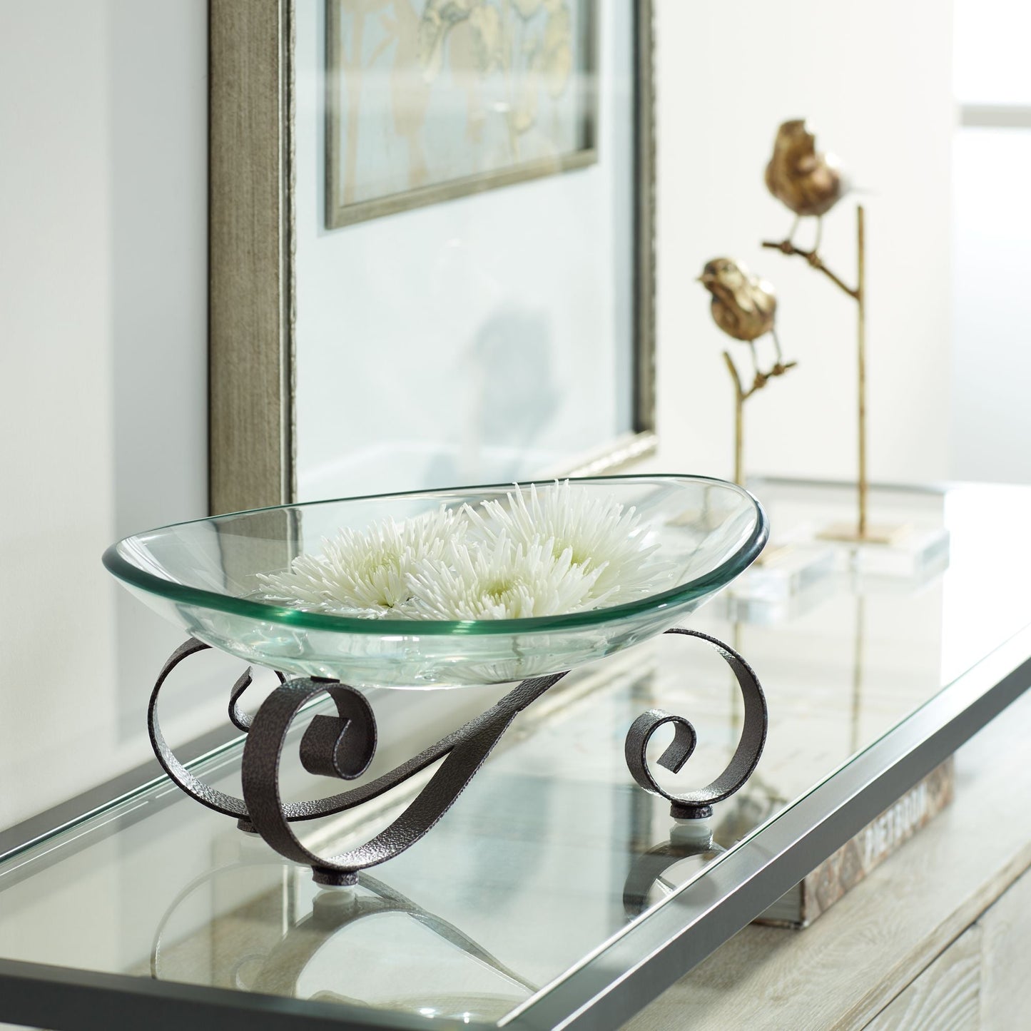 Iron Scroll Stand with Oval Glass Bowl