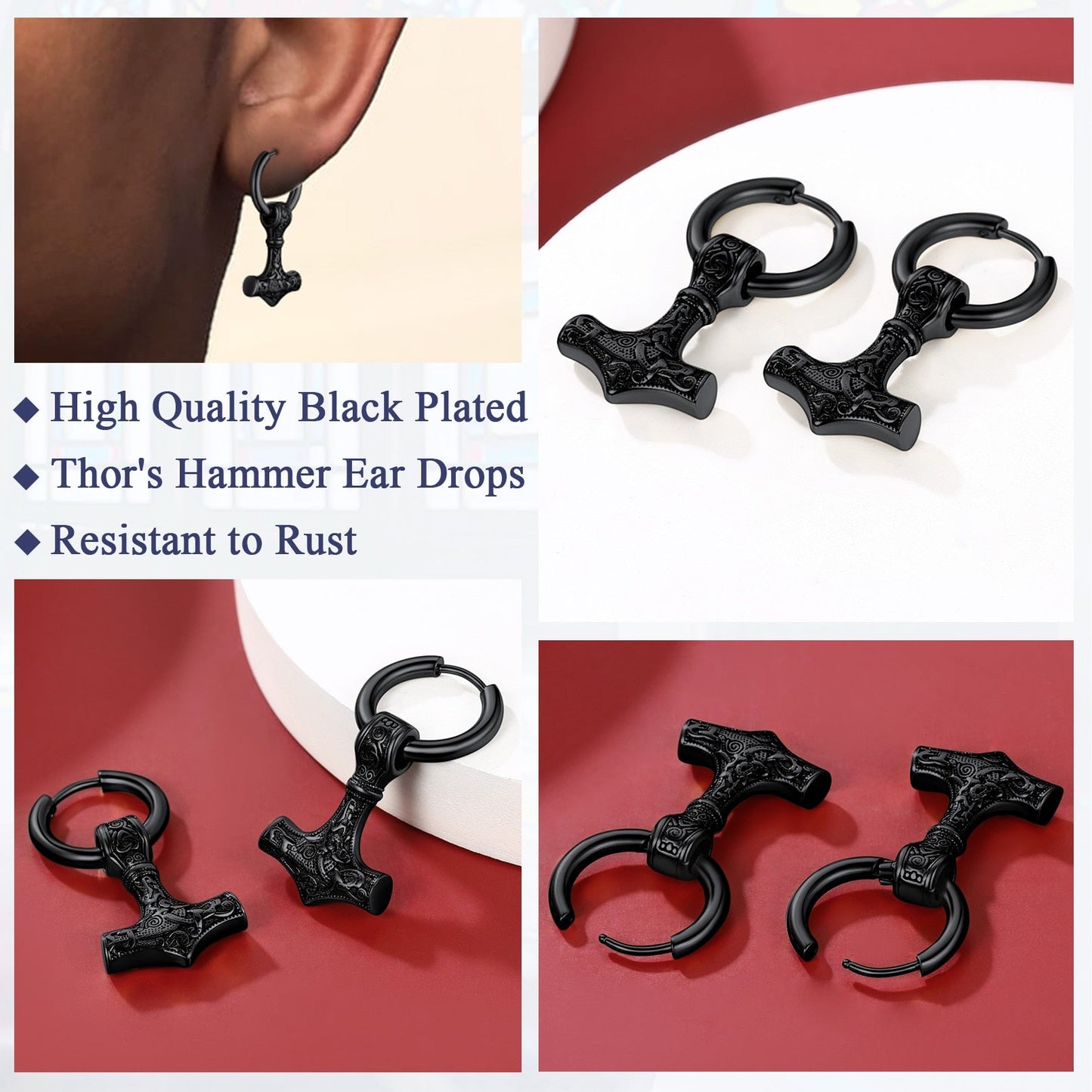 Thor Hammer Ear Drops Norse Viking Earrings for Men/Women