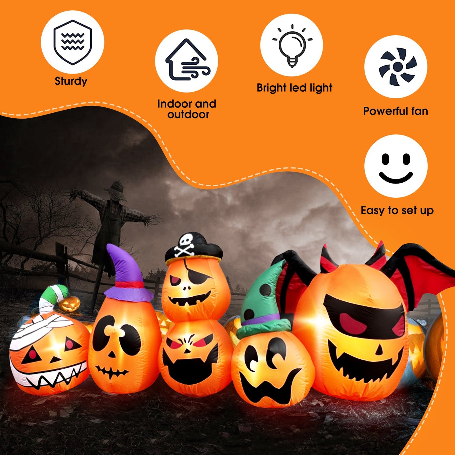 8 FT Halloween Inflatables Pumpkin Decorations w/ LED Lights