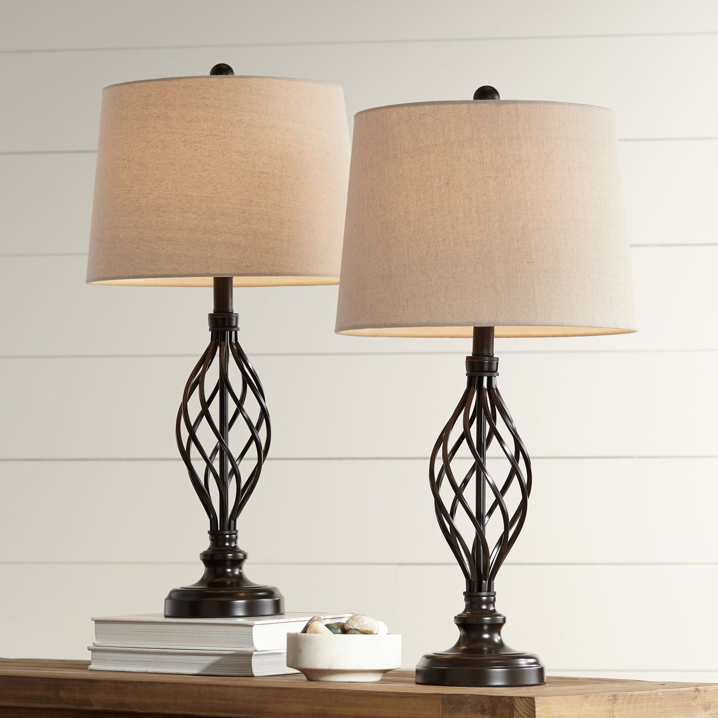 Table Lamps Set of 2 Bronze Iron Scroll Tapered Cream Drum Shade