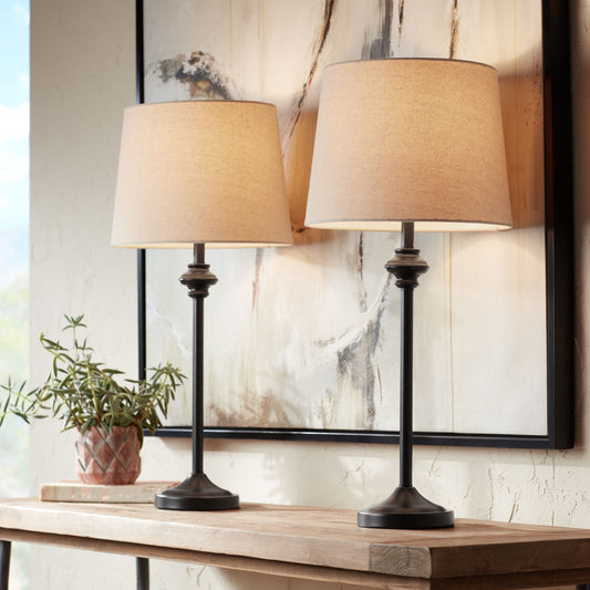 26" High Set of 2 Bronze Metal Oatmeal Fabric Drum Lamp Shade