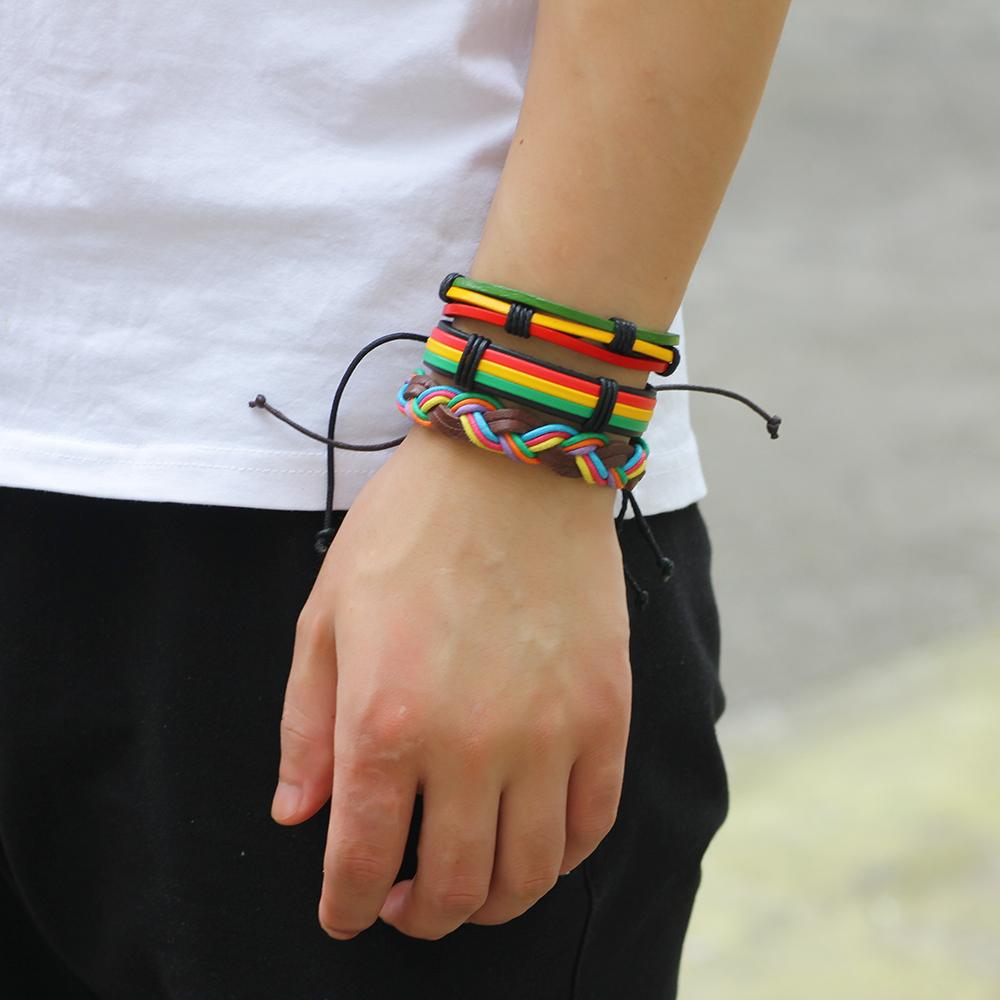 Jamaican Reggae Hippie Leather Unisex Wrap Bracelet 5 pcs Set