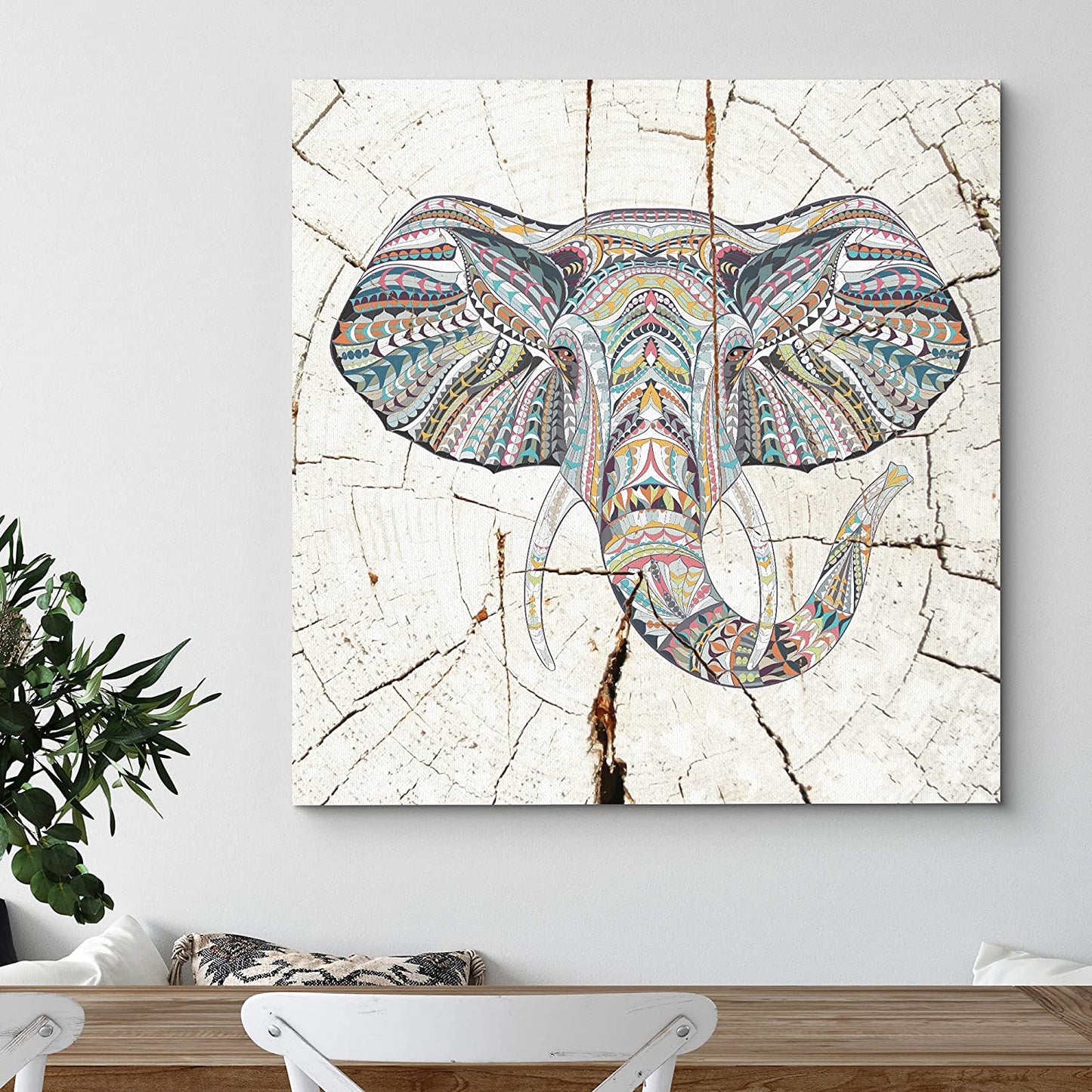 Square Tribal Elephant Wood Effect Canvas for Home Decoration