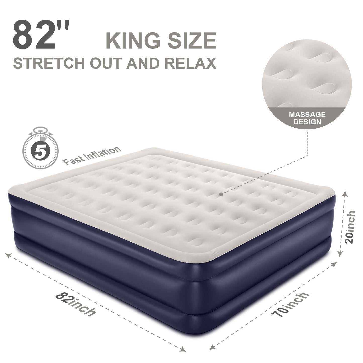 20" King Size Air Mattress with Built-in-Pump, Dark Blue