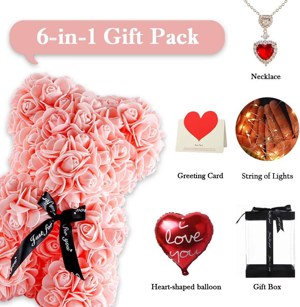 Pink Rose Bear Valentines Day Gifts w/ Box Lights Necklace Balloon Card