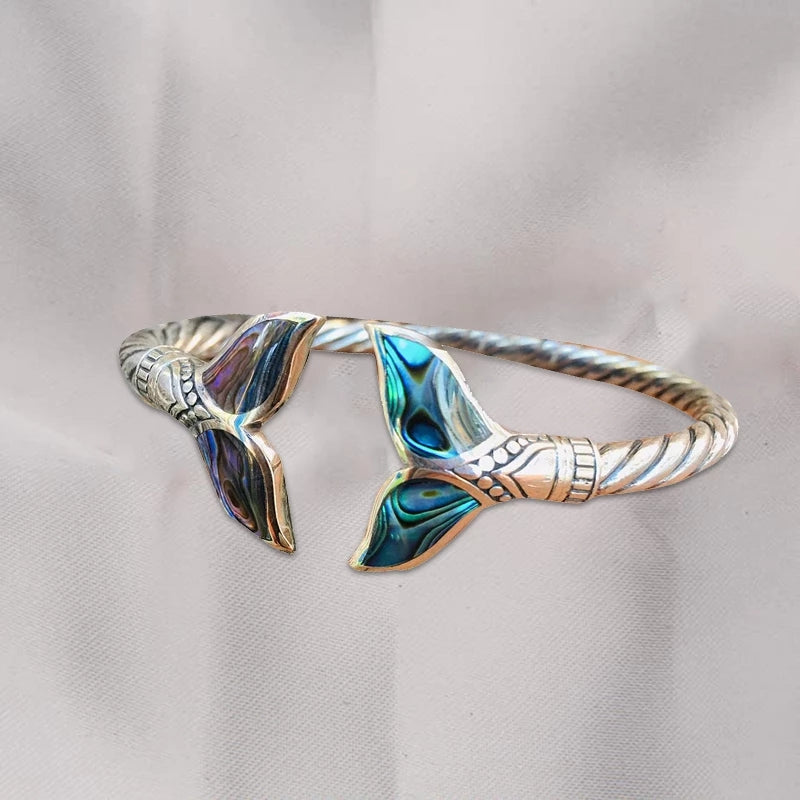 Abalone Shell & Silver Mermaid Tail Bangle Bracelet for Women