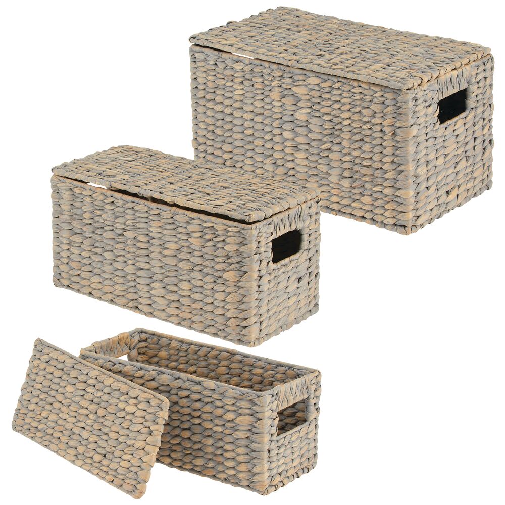 3 Natural Woven Water Hyacinth Organizer Basket Bin w/ Removable Lids