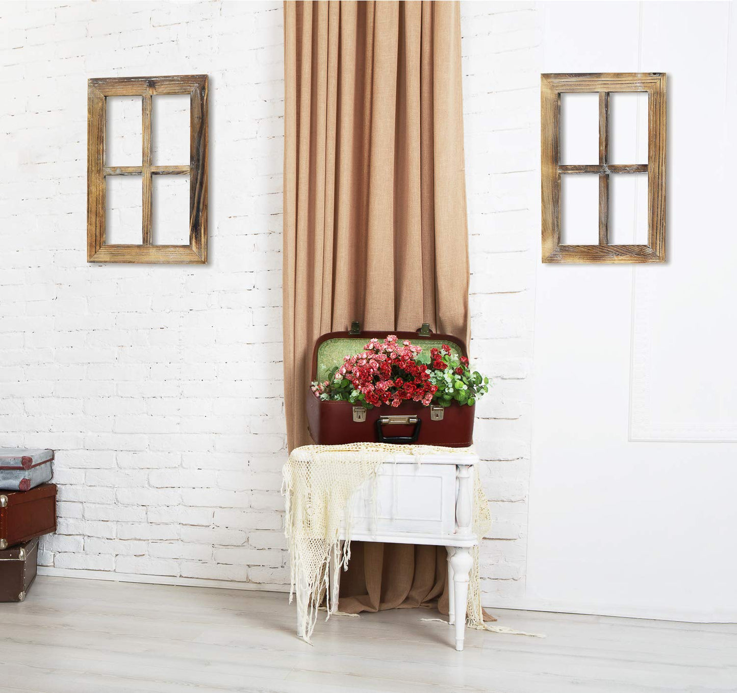 Wooden Rustic Wall Mount Window Frames Vintage -Set of 2