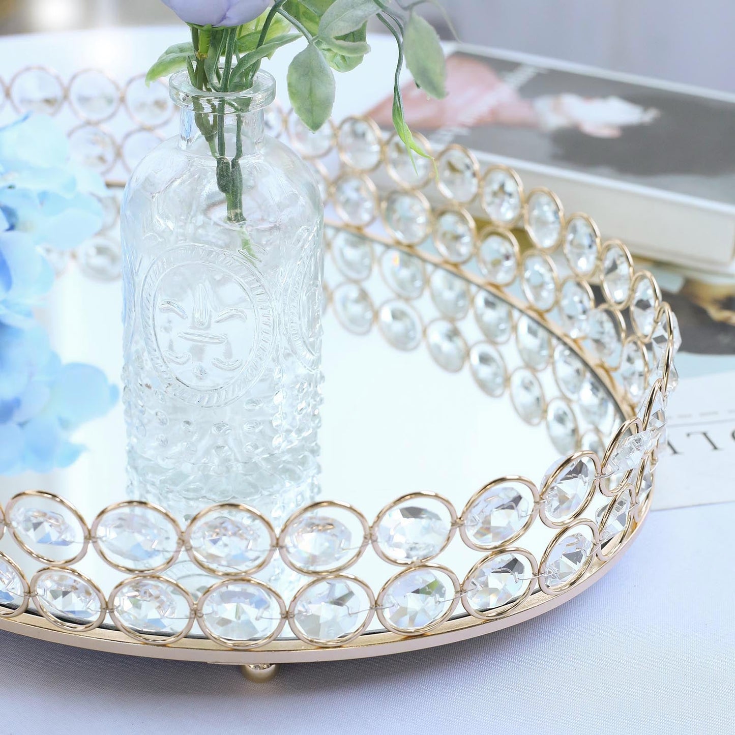 Gold Metal Crystal Beaded Decorative Serving Tray- Oval