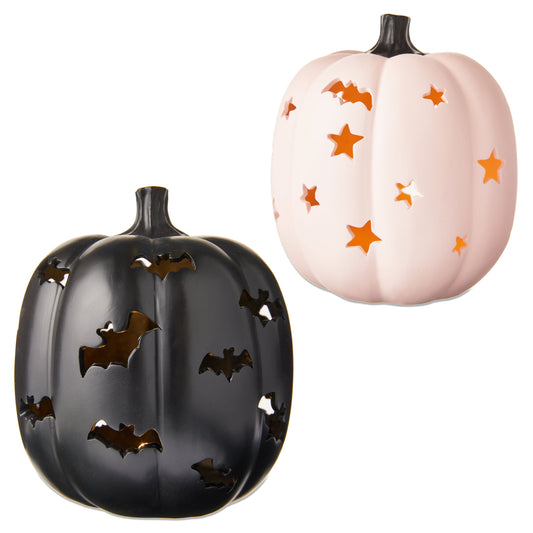 2-Count Halloween LED-Light Black & Pink Resin Pumpkin