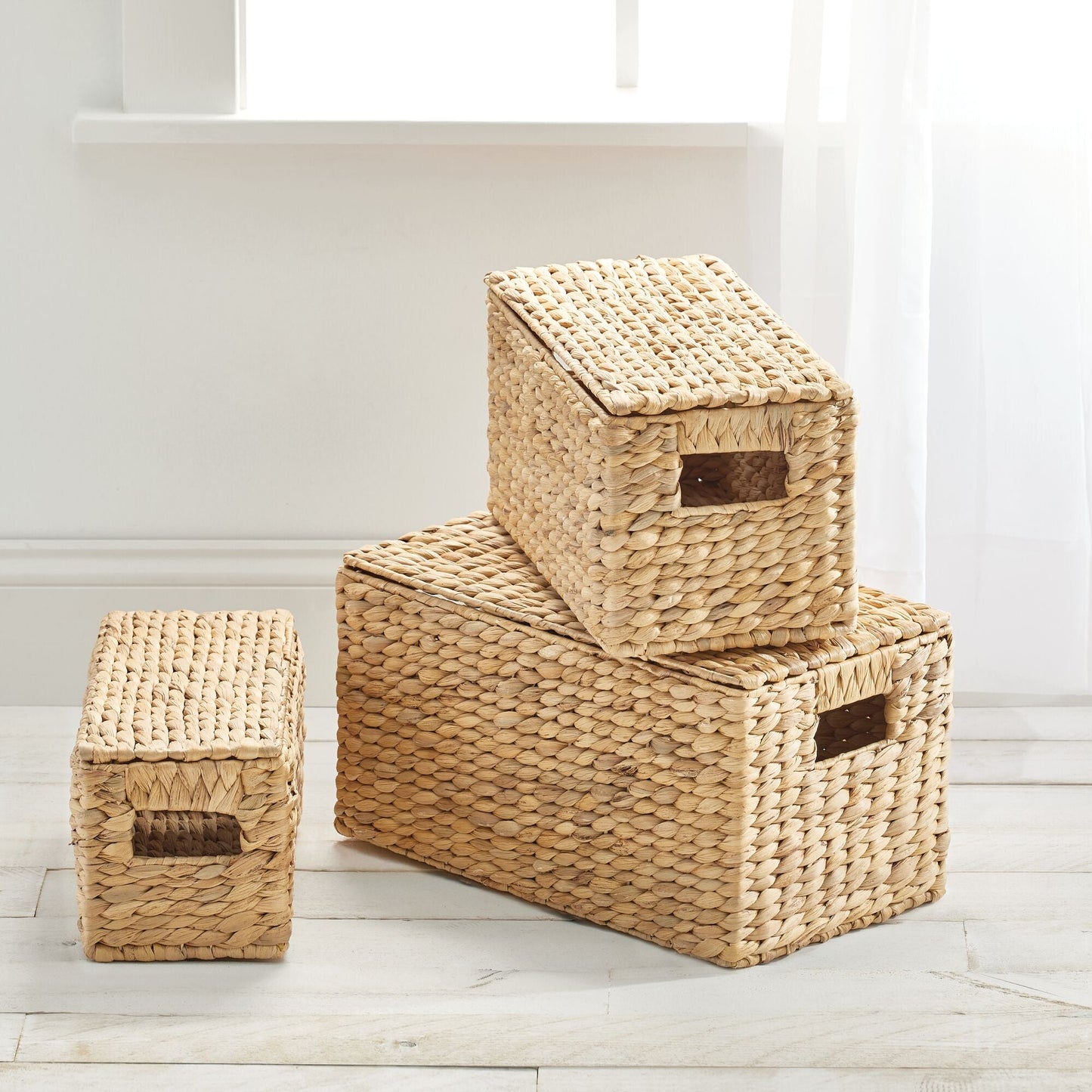 3 Natural Woven Water Hyacinth Organizer Basket Bin w/ Removable Lids