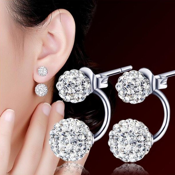 1 Pair Women Jewelry Silver Double Beaded Rhinestone Crystal Stud Earrings