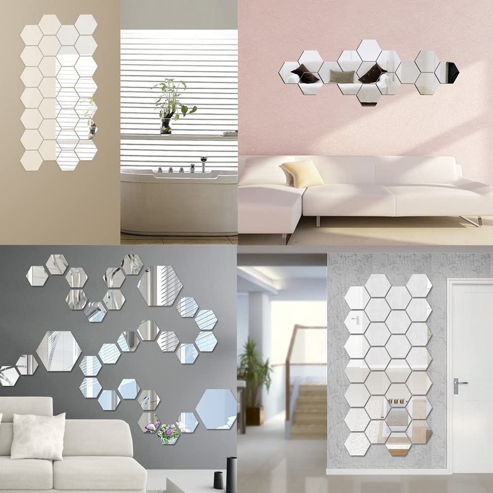 12PCS Hexagon Mirror Art DIY Home Wall Decal Decoration (Silver)