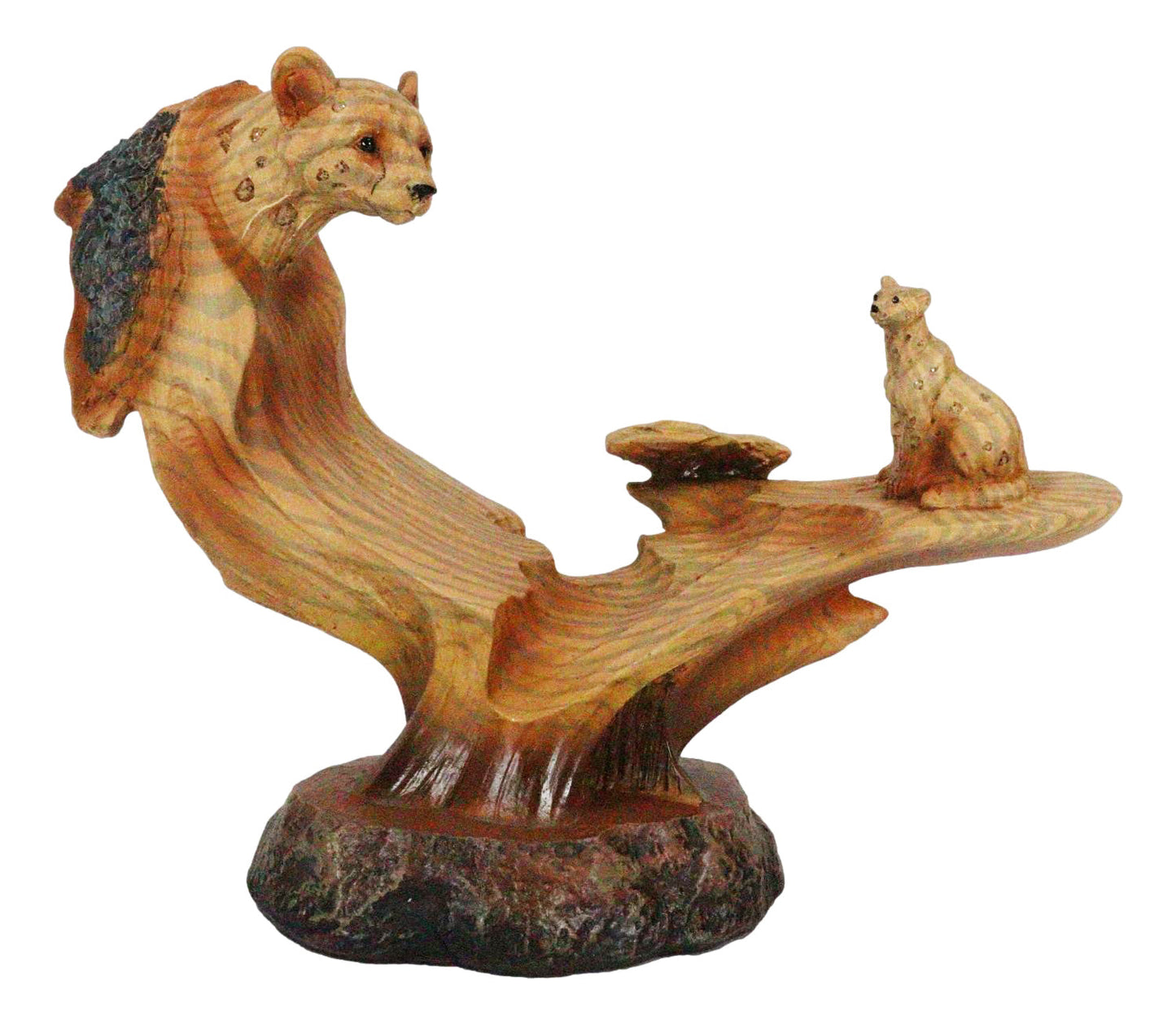Big Cat Leopard Figurine Faux Wood Resin Cutout Carving