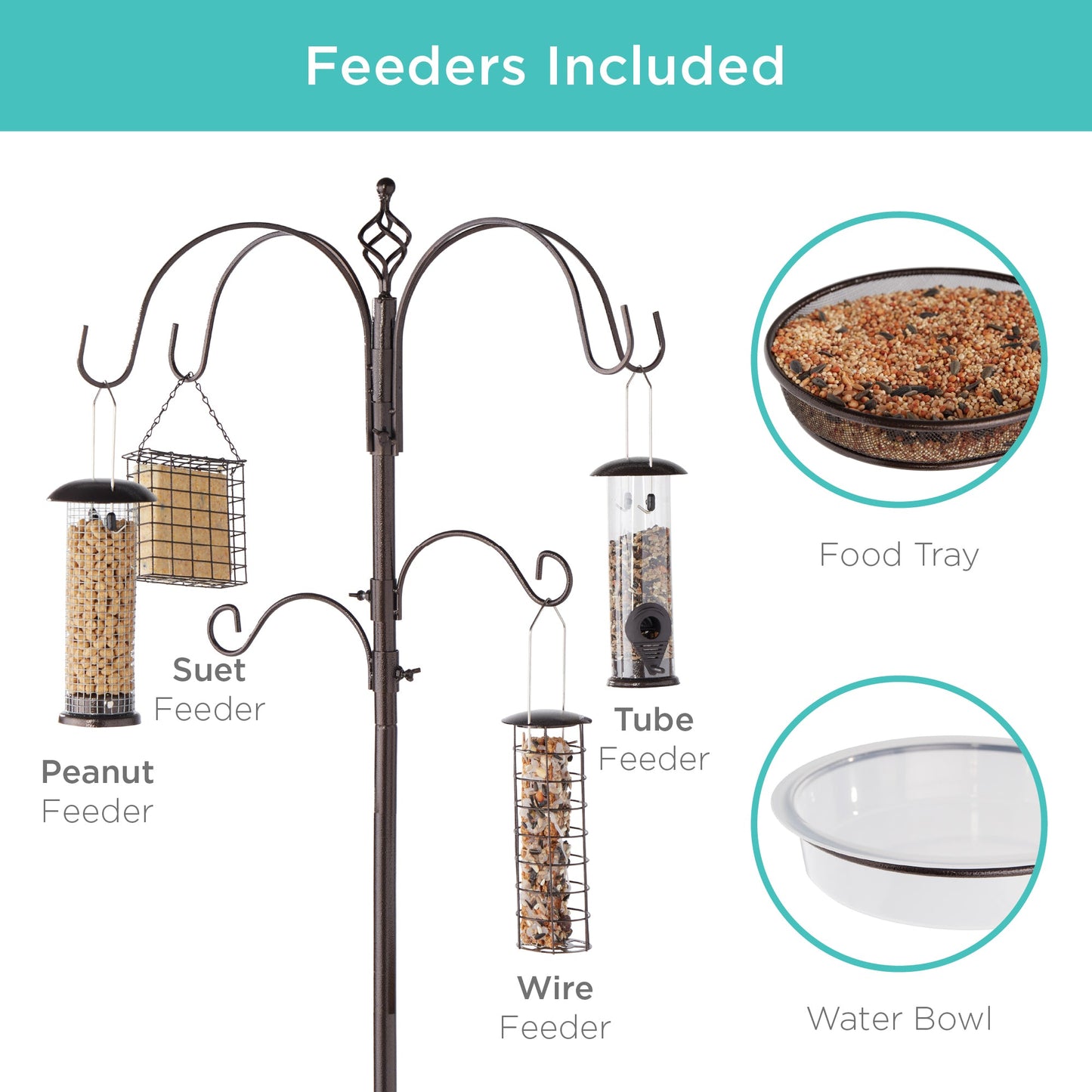 6-Hook Bird Feeding Station, Steel Multi-Feeder Stand w/ 4 Feeders, Tray, Bird Bath