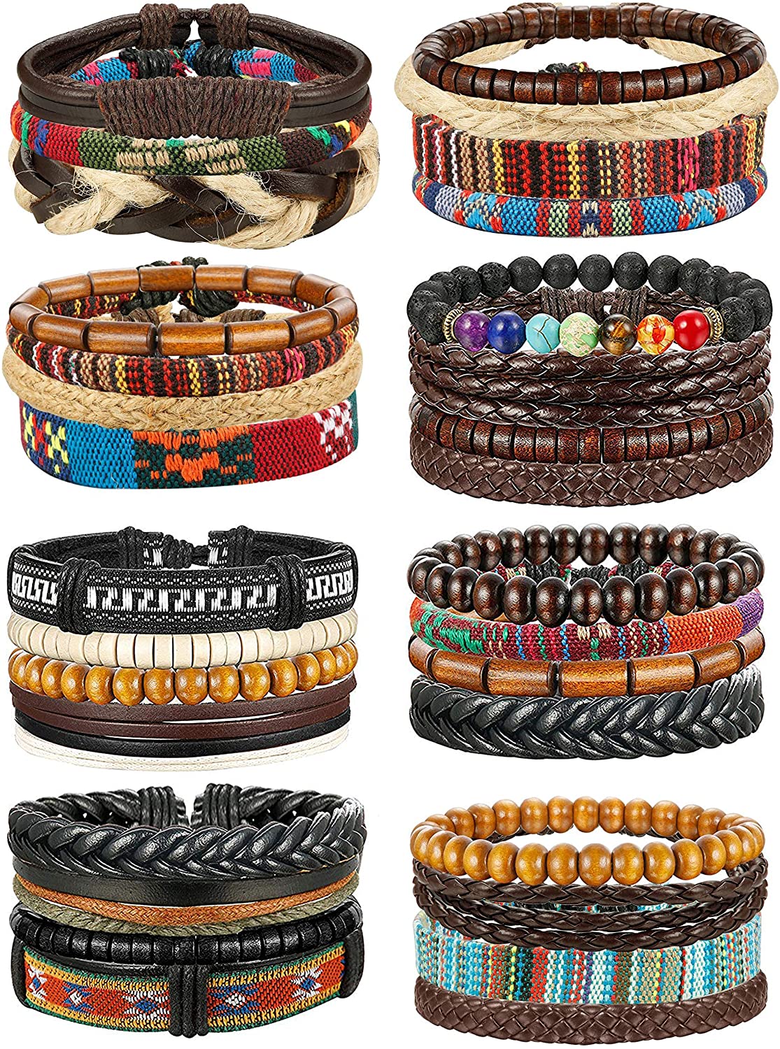 32 Pcs Braided Leather Wooden Beads Tribal Wristbands Cuff Punk Multilayered Bracelet