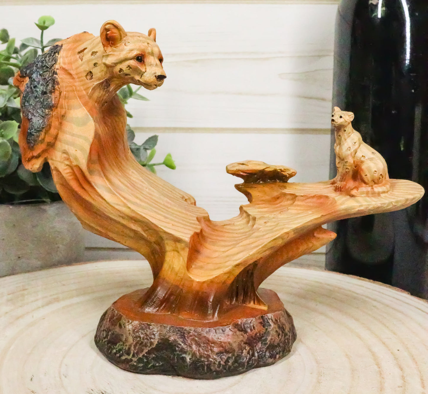 Big Cat Leopard Figurine Faux Wood Resin Cutout Carving