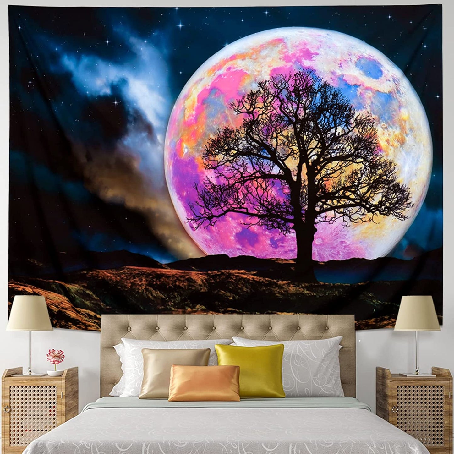 Blacklight Moon Tapestry UV Reactive Trippy Mountain Tree for Wall Decoration (59.1"x78.7")