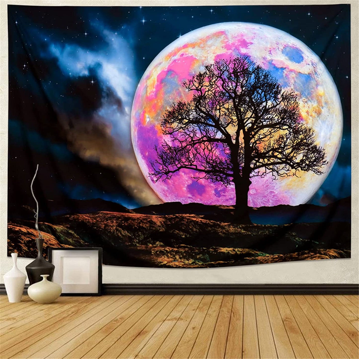 Blacklight Moon Tapestry UV Reactive Trippy Mountain Tree for Wall Decoration (59.1"x78.7")