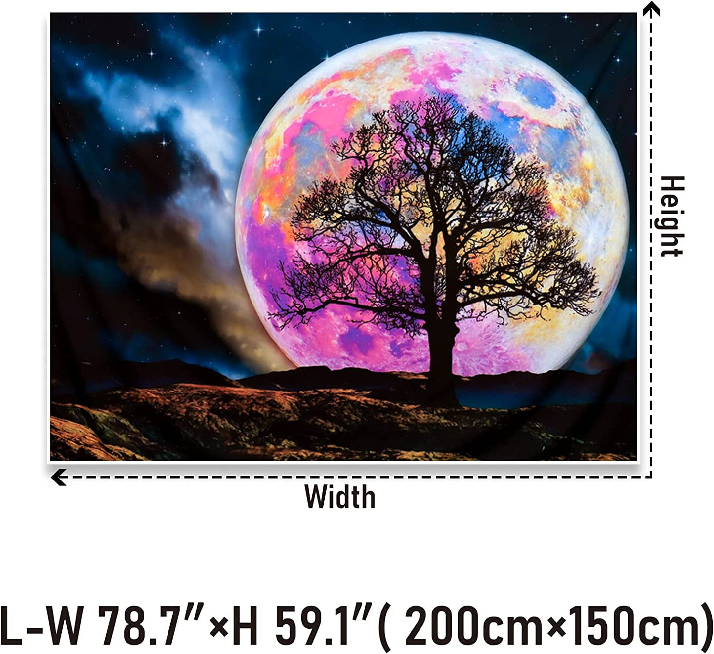 Blacklight Moon Tapestry UV Reactive Trippy Mountain Tree for Wall Decoration (59.1"x78.7")