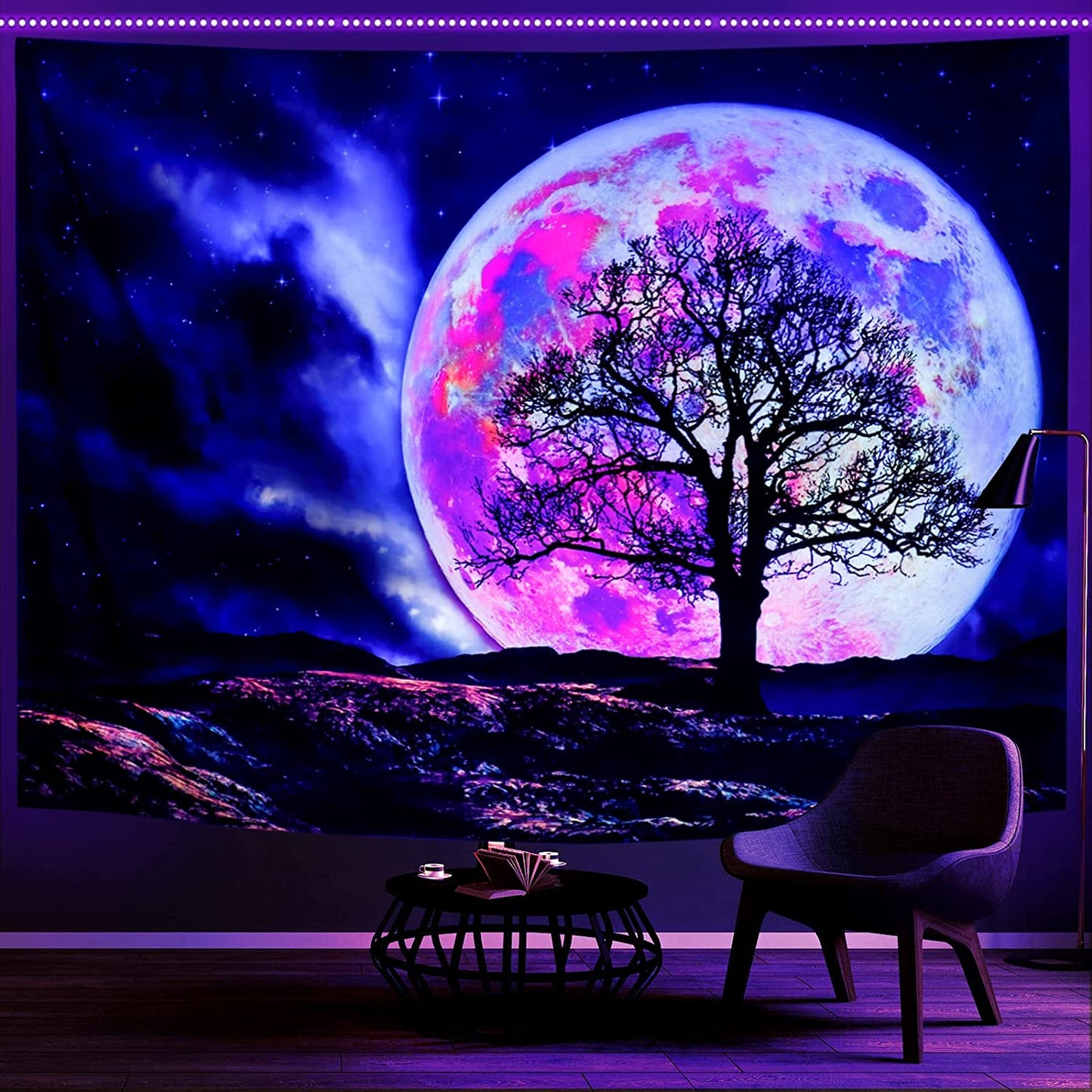 Blacklight Moon Tapestry UV Reactive Trippy Mountain Tree for Wall Decoration (59.1"x78.7")