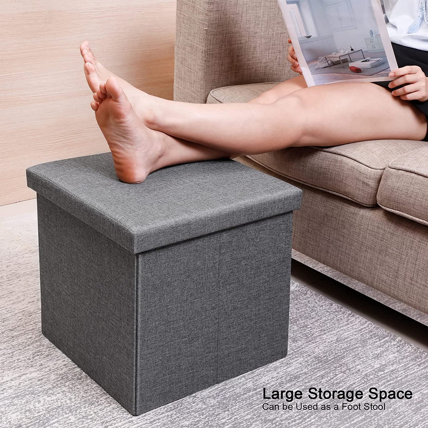Folding Storage Ottoman Bench w/ Lid Tray, Grey