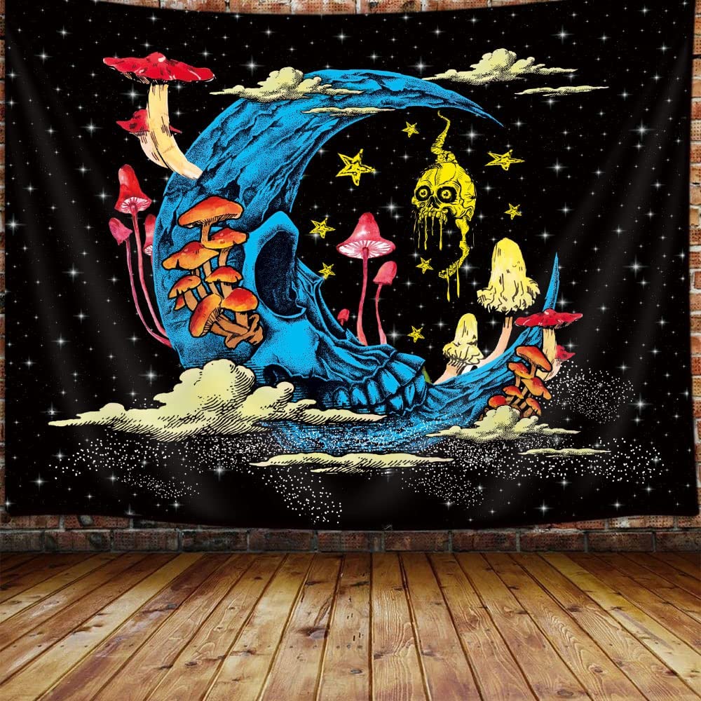 Skull Moon Tapestry Trippy Mushroom Moon & Stars for Home Decoration (60x40 inches)