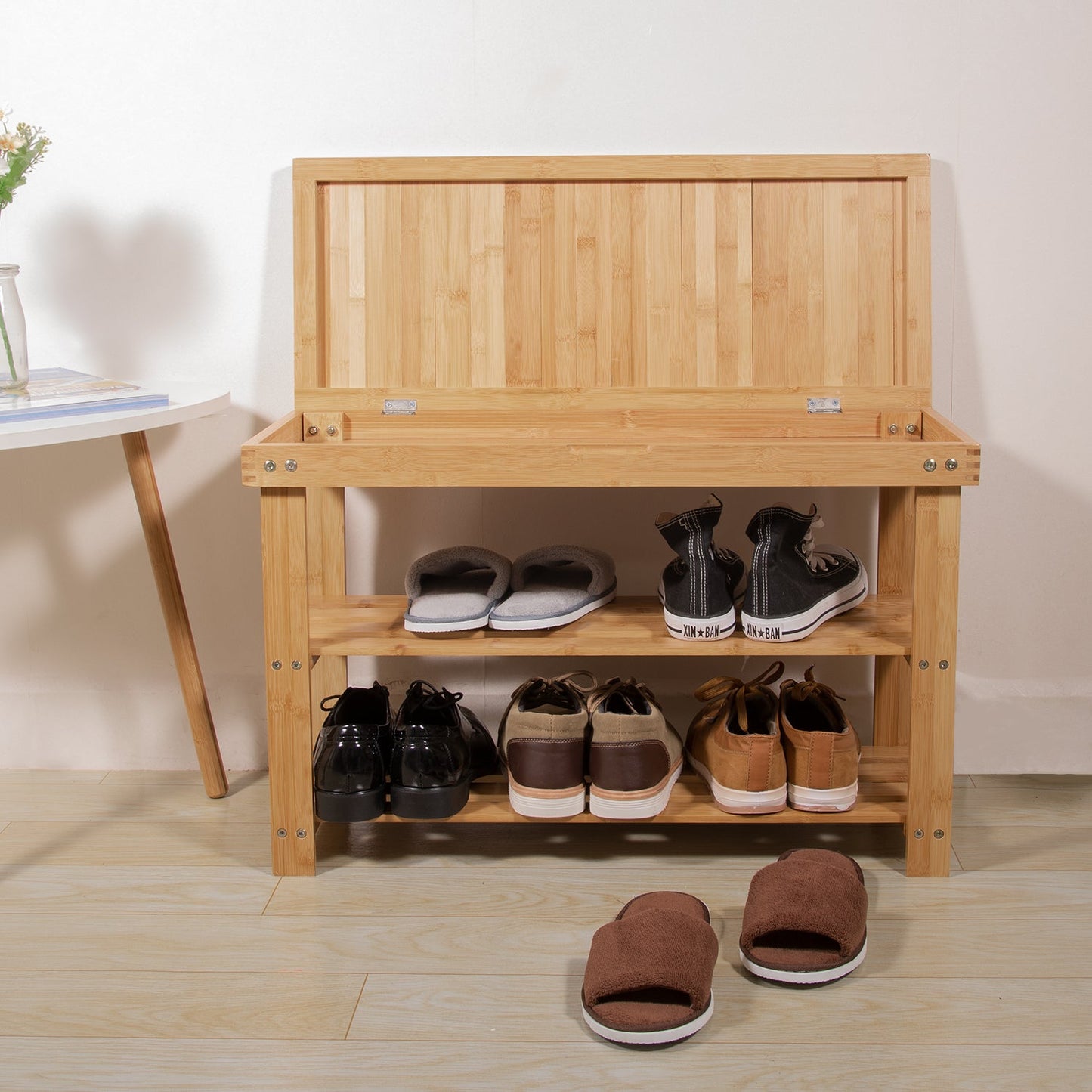 Bamboo 3 Tier Entryway Shoe Bench w/ Storage Drawer