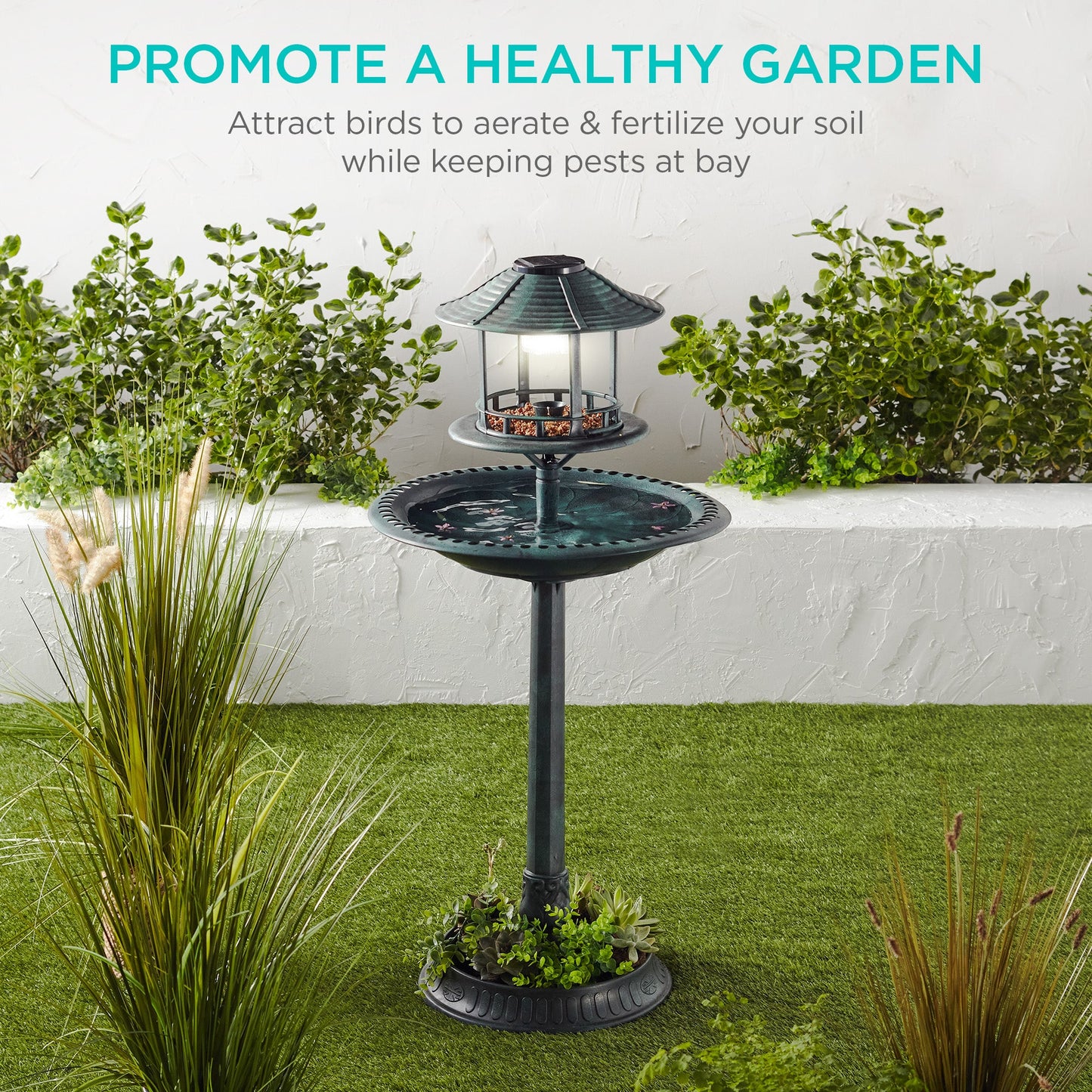 Solar Bird Bath Pedestal Fountain w/ Fillable Planter Base