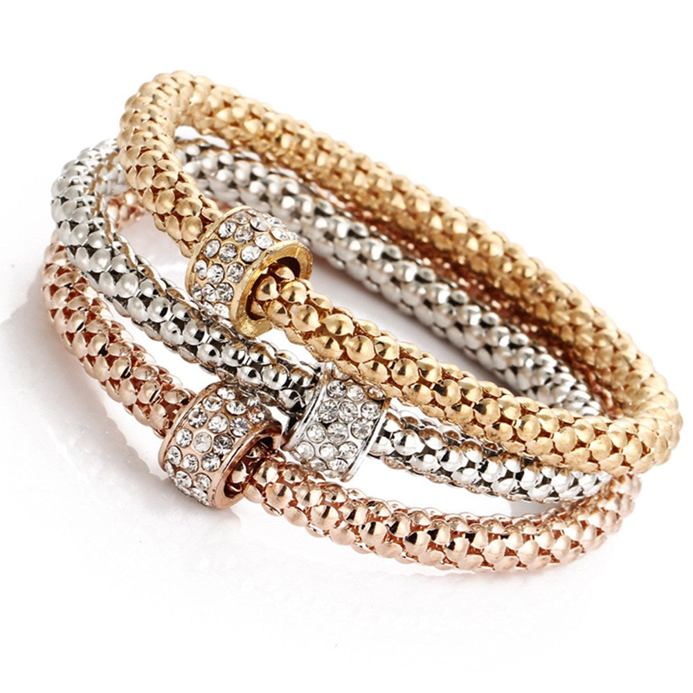 3Pcs 18K Gold Plated Rhinestone Bracelets Set For Women