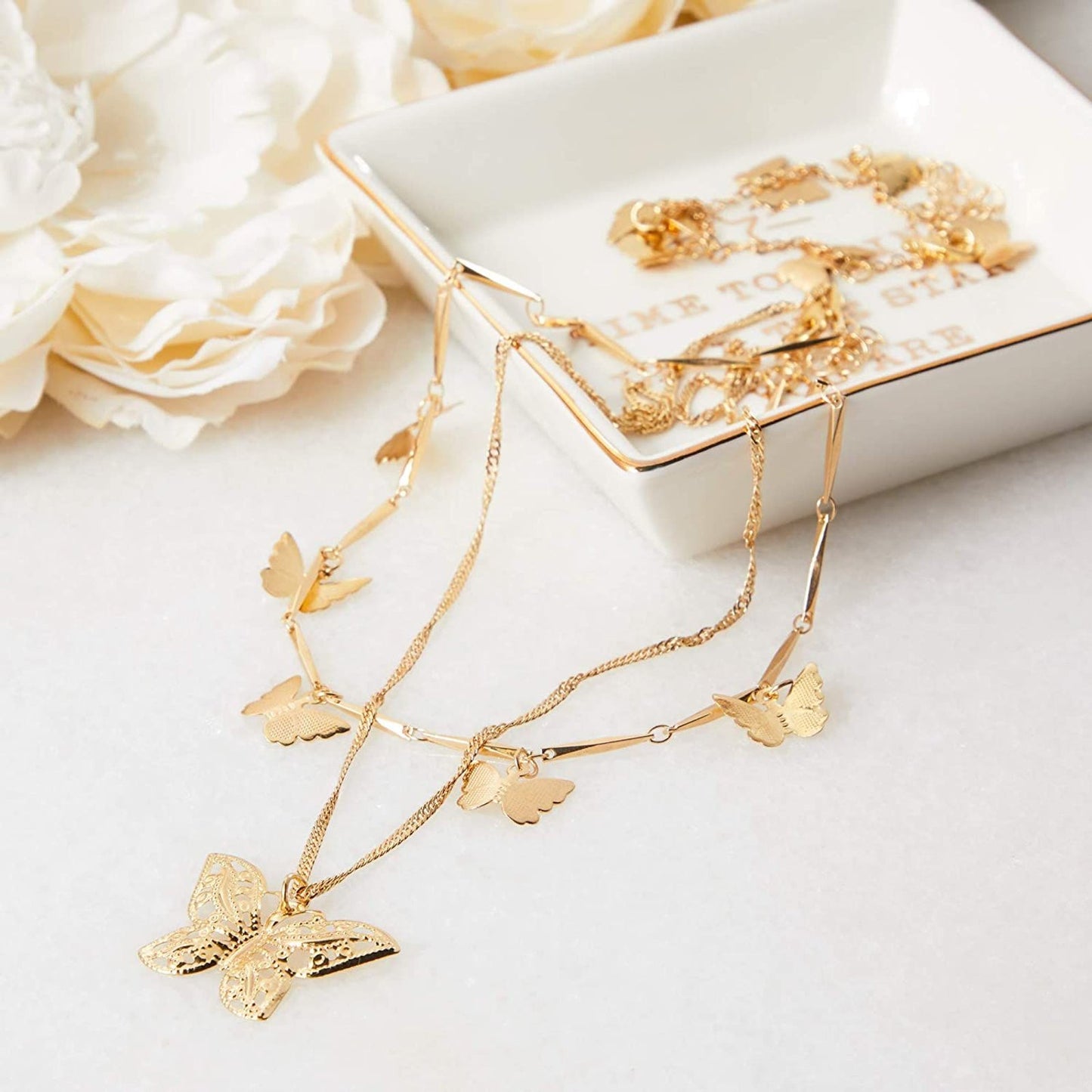 Gold Butterfly Pendant Necklace & Bracelet for Women